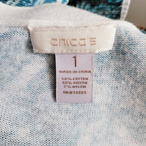 Chicos Cardigan Womens Medium Blue Print Longer Length Cotton Blend V Neck - Picture 7 of 7